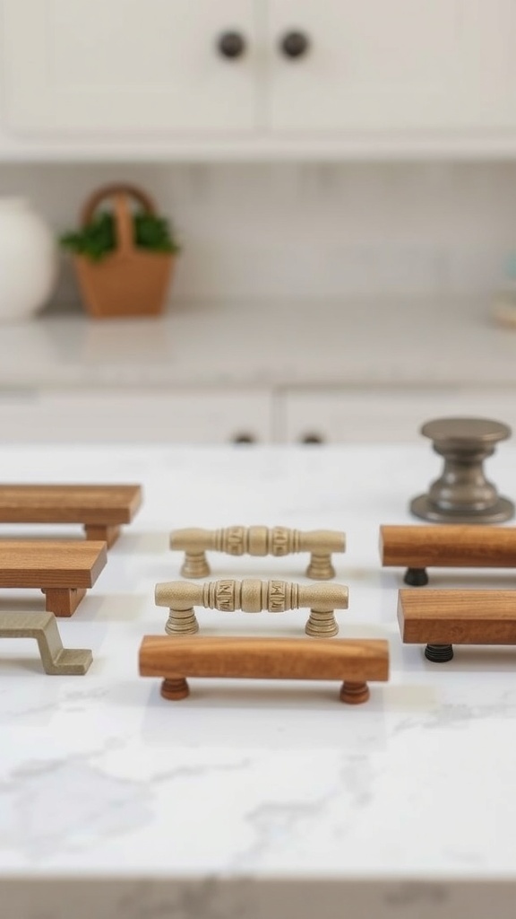 Various kitchen drawer pulls made of wood and metal displayed on a countertop.
