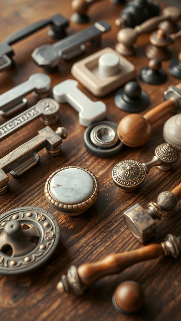A variety of drawer pulls and knobs made from different materials arranged on a wooden surface.