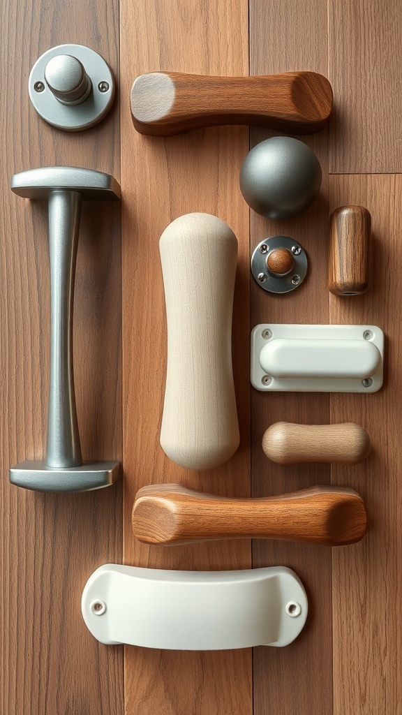Various kitchen cupboard handles made of metal and wood arranged on a wooden surface.
