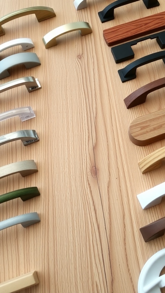 Various kitchen drawer handles displayed on a wooden surface.