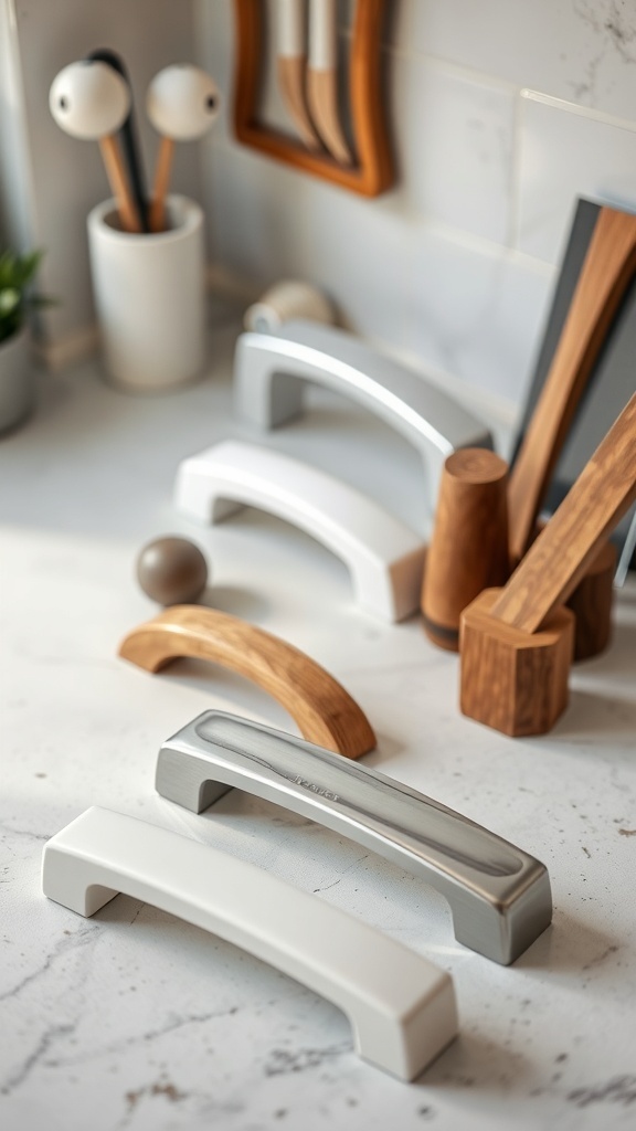 A variety of kitchen handles and knobs made from different materials, including metal and wood, displayed on a countertop.