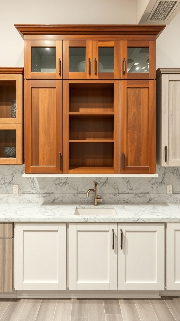 Stylish upper corner kitchen cabinets with wooden finish and glass doors.