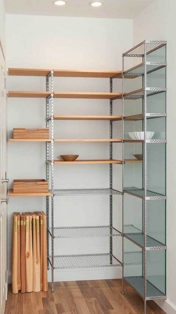 A corner kitchen pantry with wooden and glass shelves.