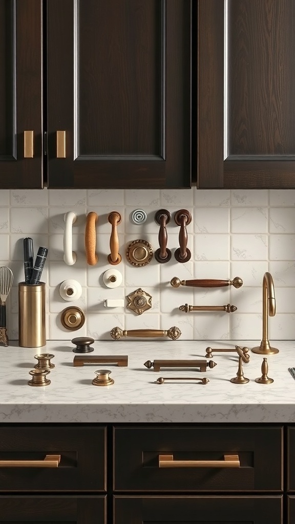 A variety of kitchen cabinet handles and pulls displayed on a countertop.
