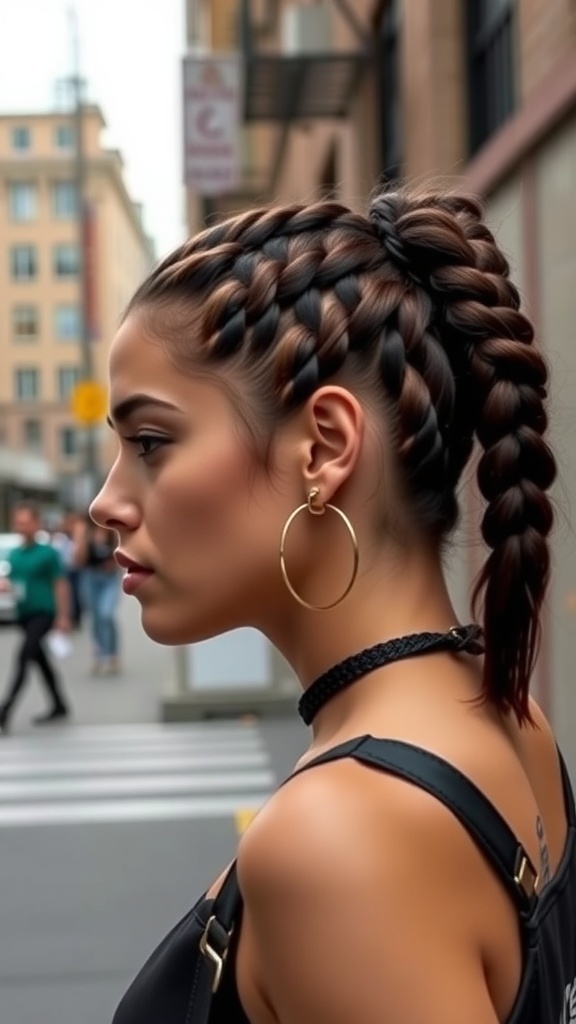 A woman with chunky feed-in braids styled in a ponytail, showcasing a trendy hairstyle.