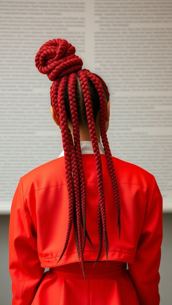 A person with chunky red box braids styled in a high bun, wearing a red outfit