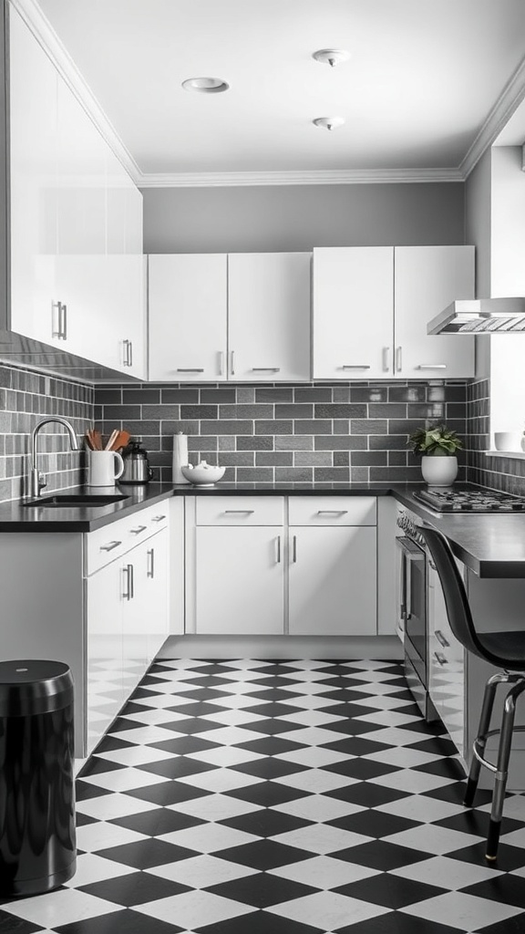 A modern kitchen featuring black and white cabinets and checkered flooring.