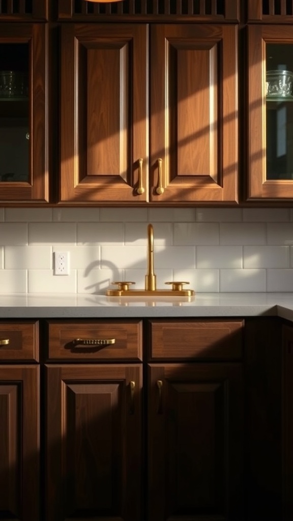 A kitchen with classic brass cabinet door handles and wooden cabinets.