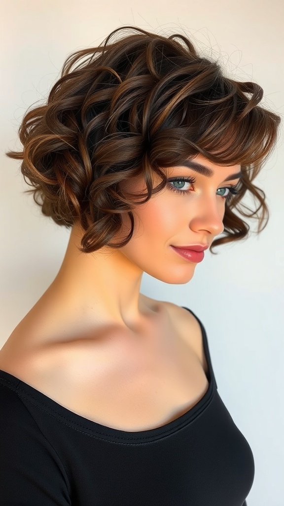 A woman with a classic curly bob hairstyle, showcasing defined curls and a stylish look.