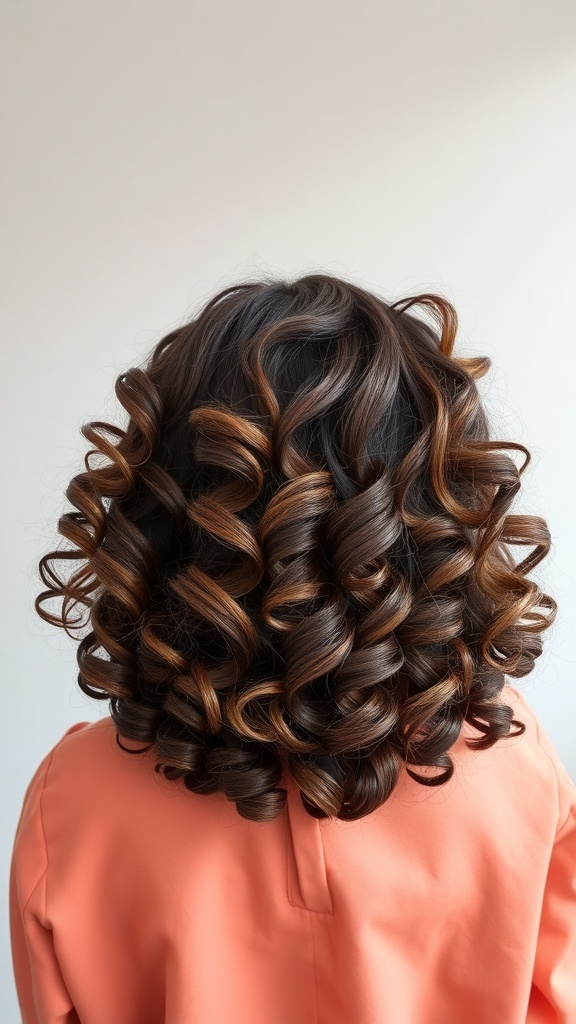 A close-up view of a curly hairstyle with defined curls and a rich brown color.