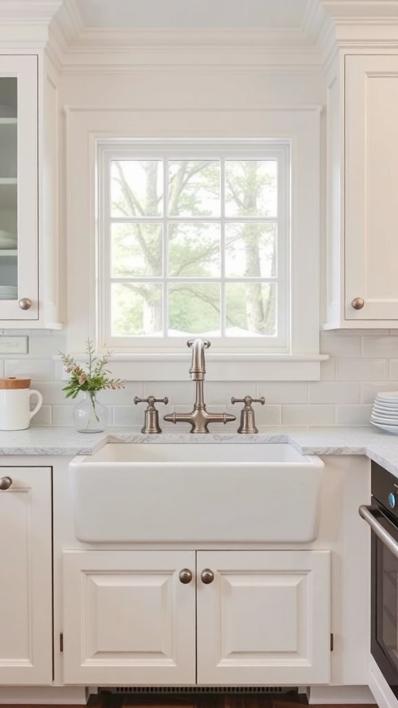 A classic farmhouse sink with a window view in a white kitchen.