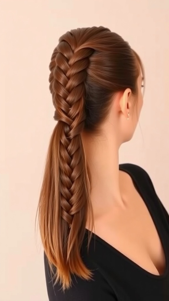 A woman with a classic feed-in braided ponytail, showcasing a sleek braid and warm hair color.