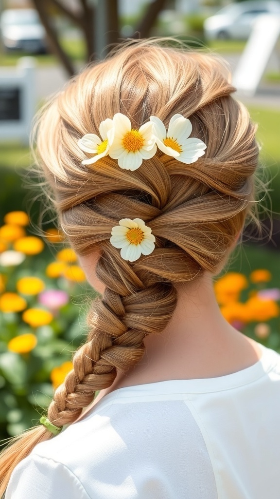 A classic French braid hairstyle with flowers, perfect for summer outings.
