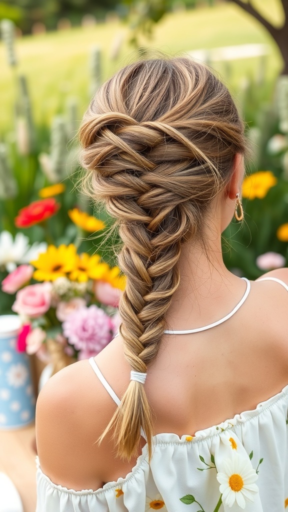 A woman with a classic French braid hairstyle, surrounded by colorful flowers.