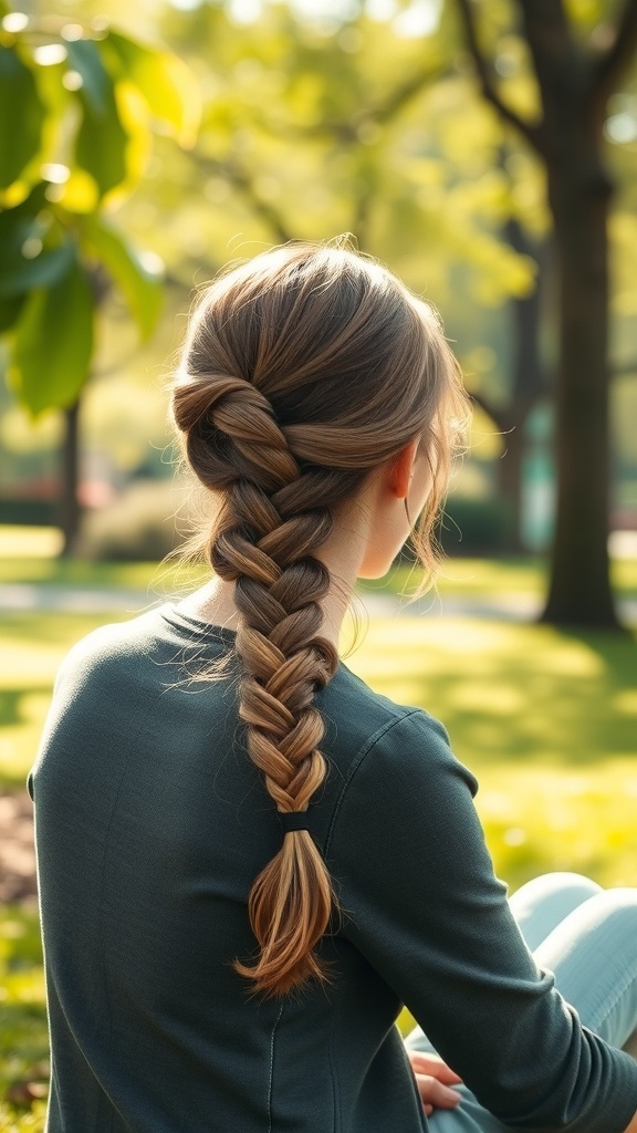 A woman with a classic French braid sitting outdoors, showcasing the hairstyle in a natural setting.