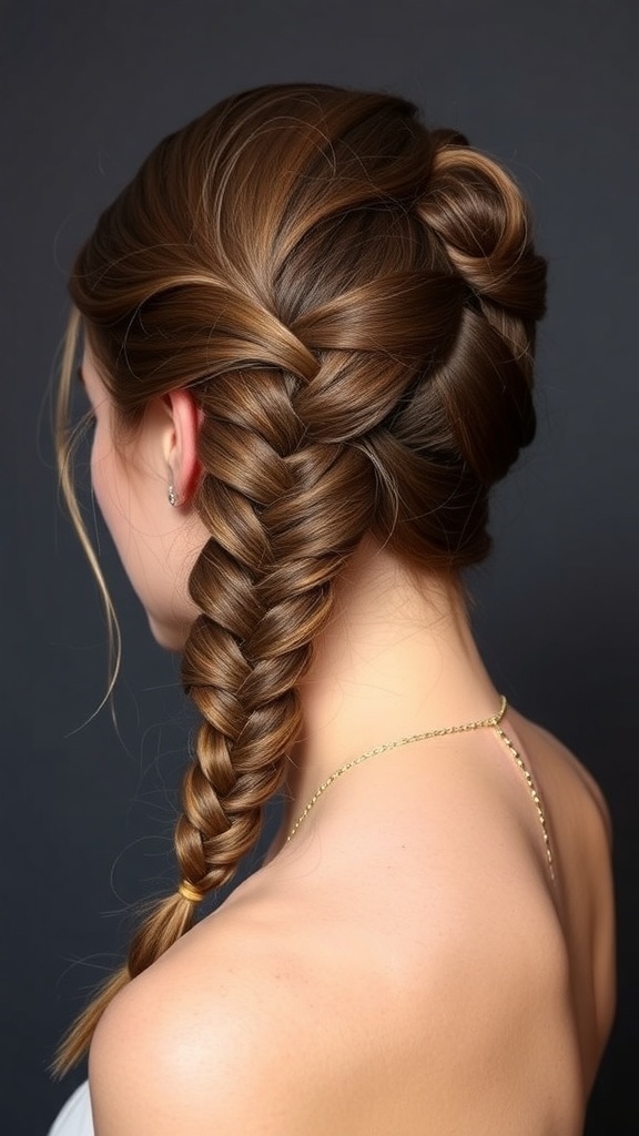 A classic French braid styled with a twist, featuring a side braid and a bun.