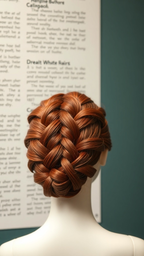 A mannequin with a classic red Dutch braid hairstyle, showcasing intricate weaving.