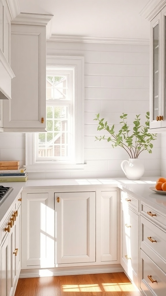 A bright kitchen featuring classic white cabinets, a window, and a small plant on the countertop.