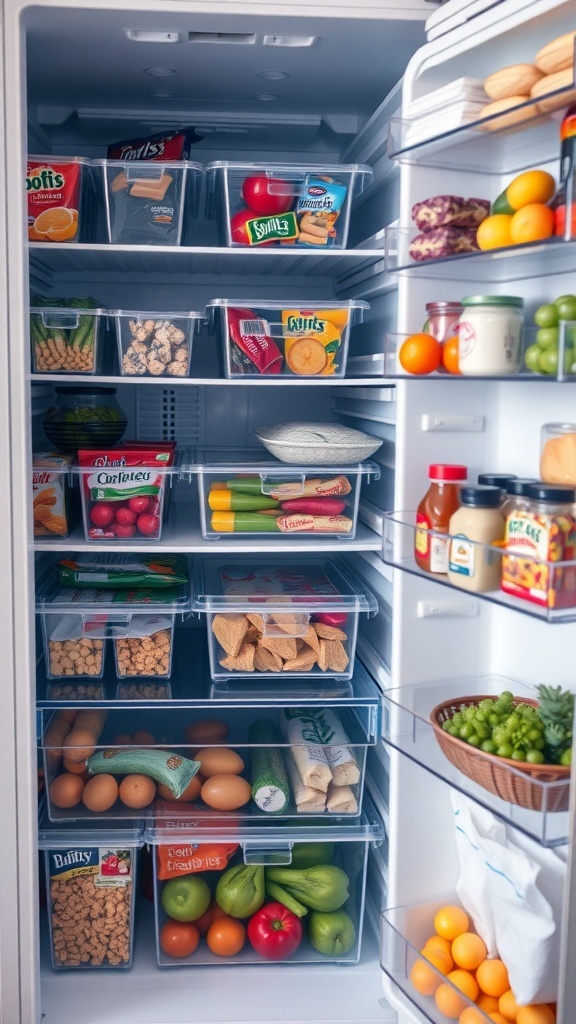 Organized fridge with clear bins containing fruits, vegetables, and snacks.