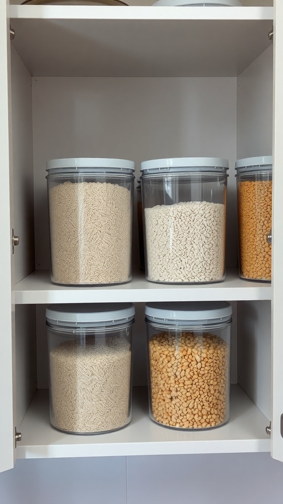 Clear containers filled with various dry ingredients in a kitchen cabinet.
