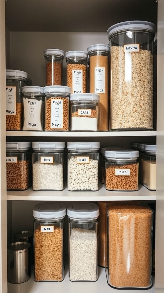 A neatly organized pantry with clear containers labeled for easy visibility.