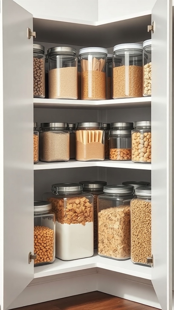Organized corner kitchen cabinet with clear containers holding pantry essentials.