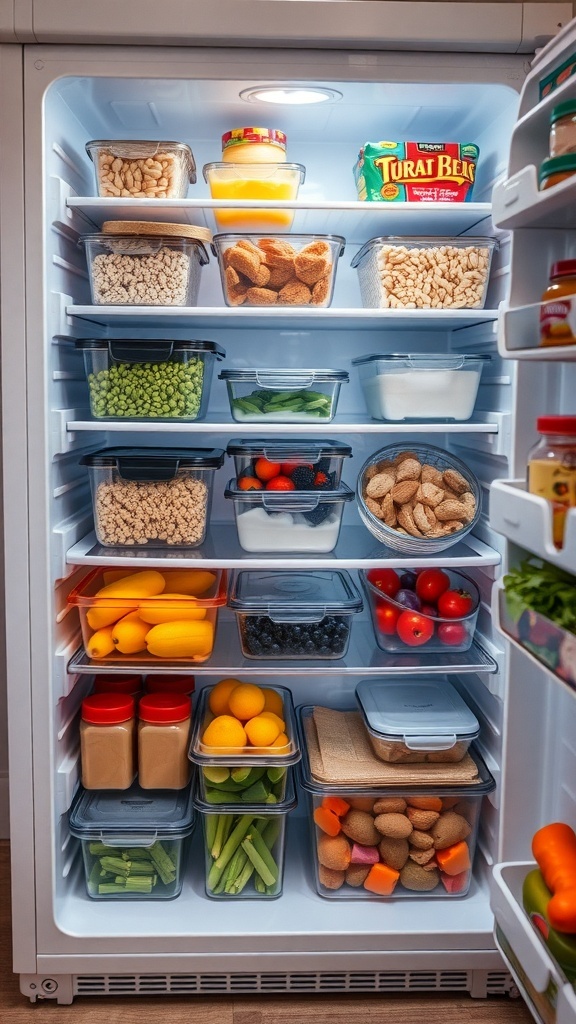 Organized small fridge with clear containers holding various foods.