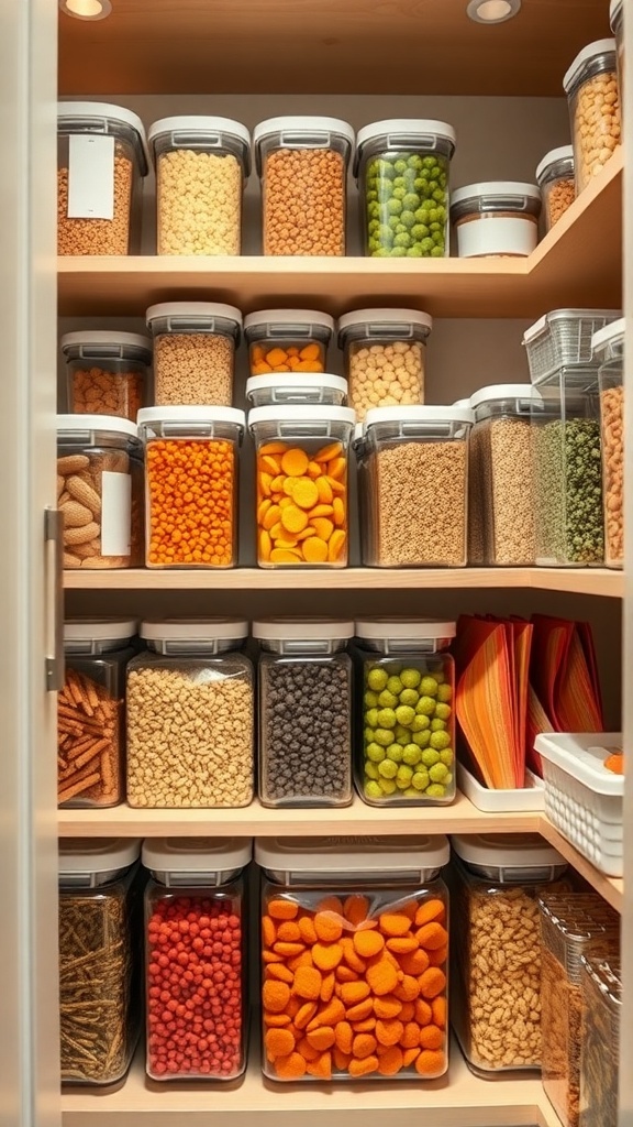 A well-organized kitchen pantry with clear containers filled with various snacks and ingredients.