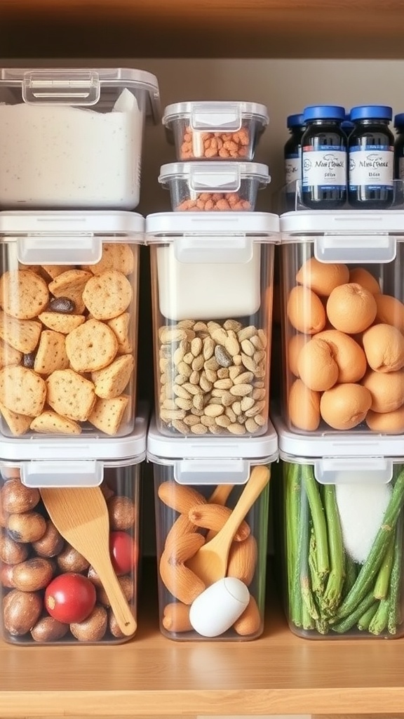 A variety of clear containers filled with food items and kitchen tools, neatly organized on a shelf.
