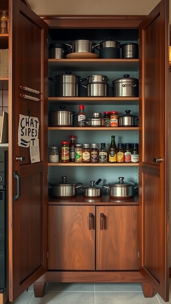 A well-organized corner cabinet with pots and spices neatly arranged.