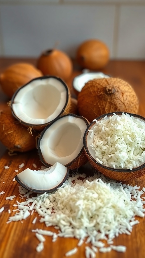 Fresh coconuts and grated coconut on a wooden surface