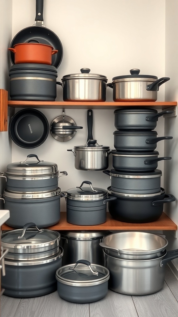 A neatly organized shelf with various stackable and collapsible cookware.