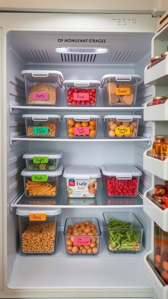 An organized fridge with color-coded labels on clear containers.