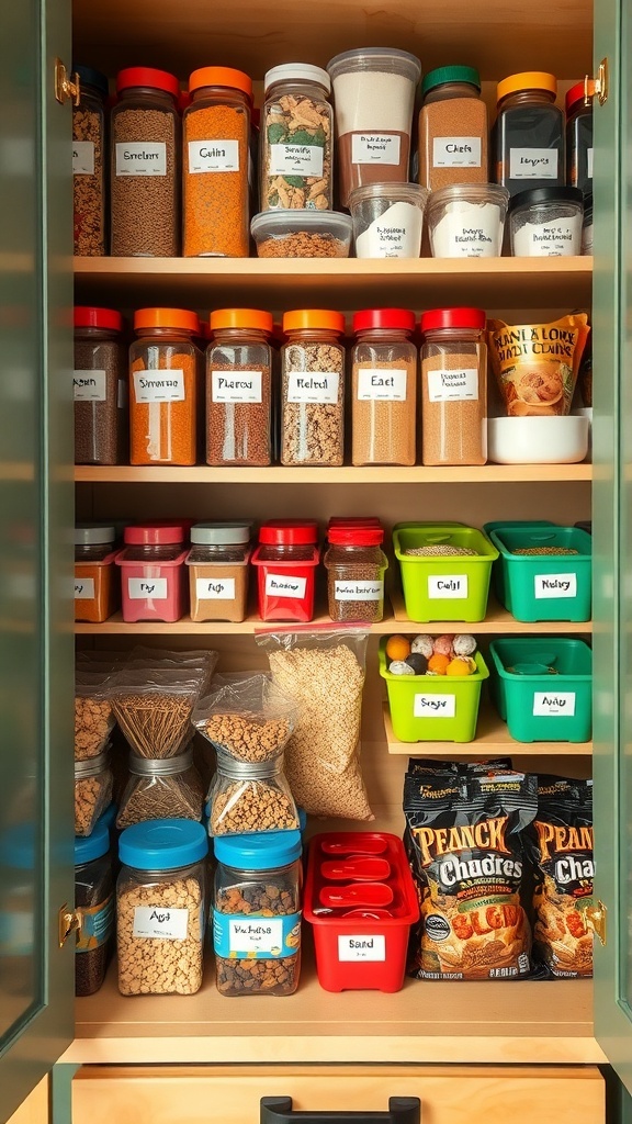 Organized kitchen cabinet with color-coded containers and labeled jars.