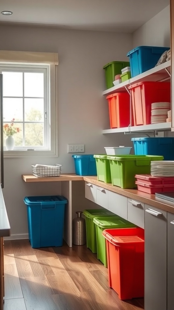 Color-coded storage bins in a small kitchen for easy organization.