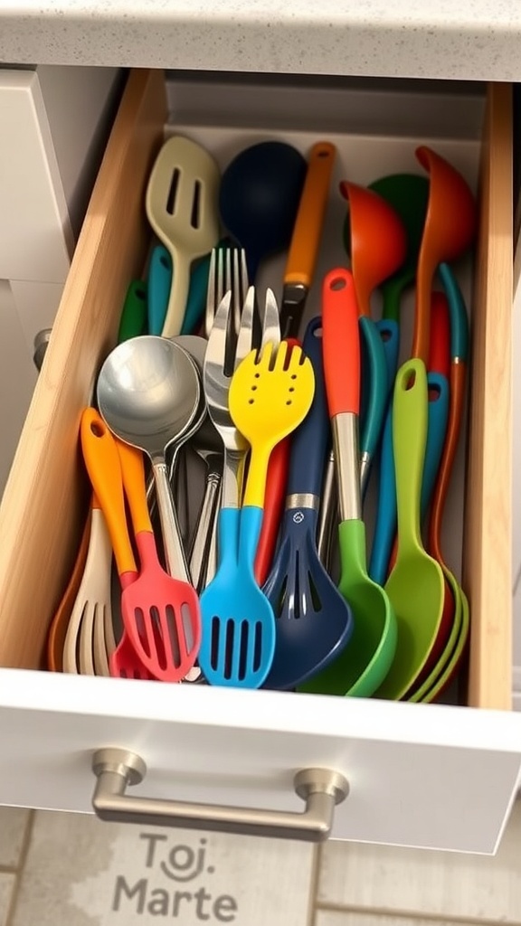 A kitchen drawer filled with colorful utensils and tools.
