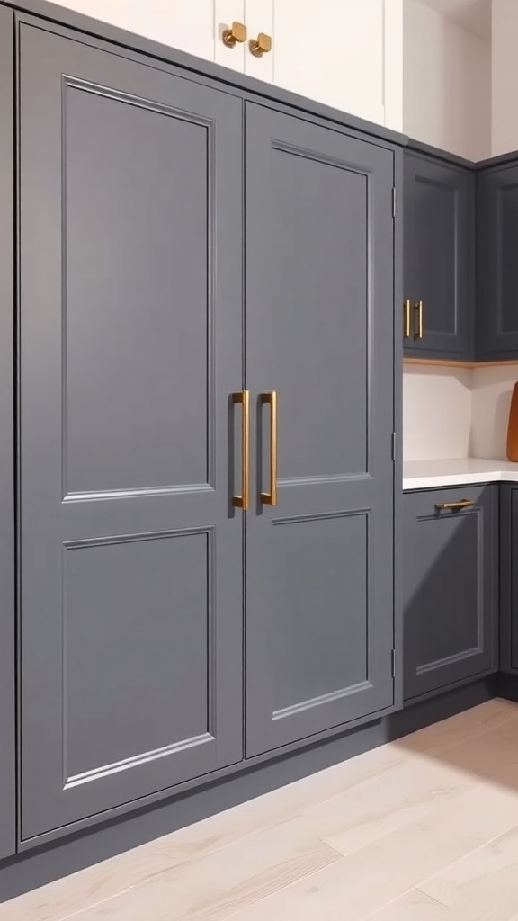 Gray kitchen cabinets with gold handles
