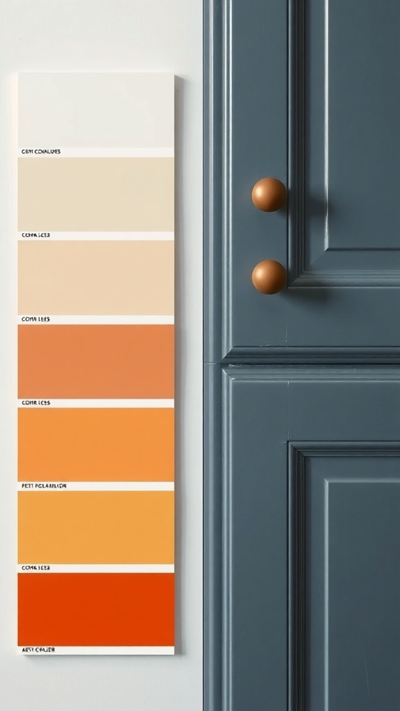 Color palette next to dark kitchen cabinet with round handle