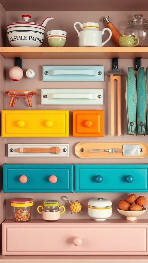Colorful kitchen drawer handles and decor