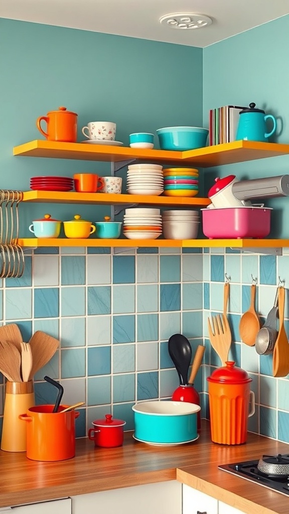 Colorful corner kitchen shelves with various dishes and utensils.