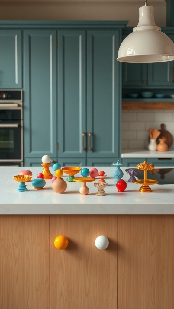 Colorful kitchen handles and knobs on a countertop with decorative items.