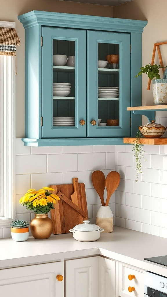 Upper corner kitchen cabinet in blue with glass doors, showcasing white dishes and decorative items.