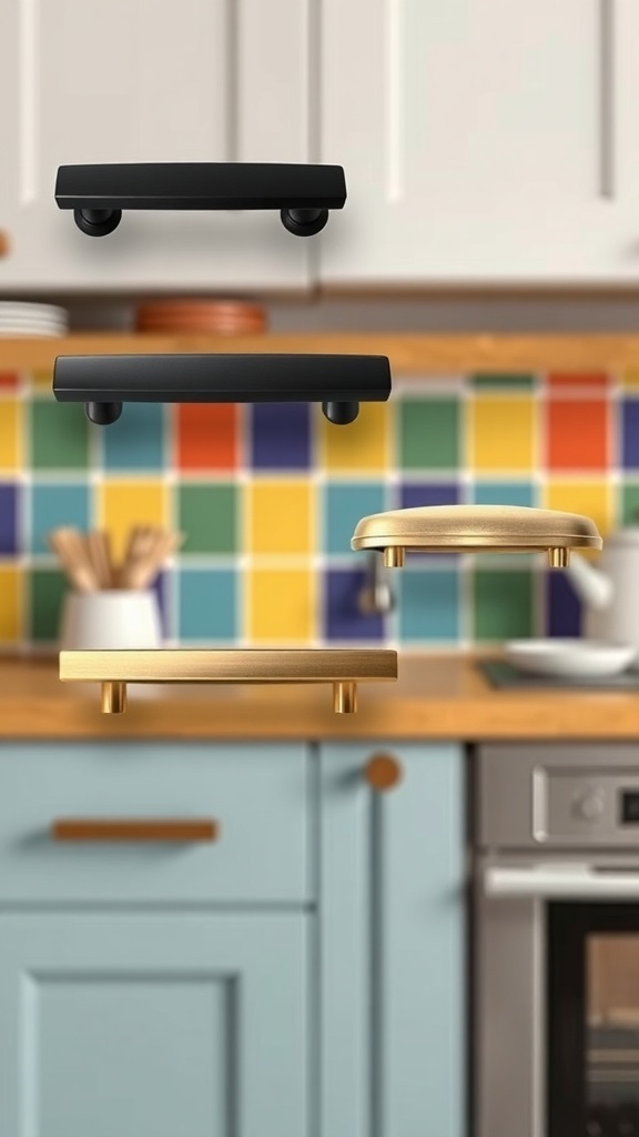 A display of kitchen cupboard handles in black and gold against a colorful tiled background.