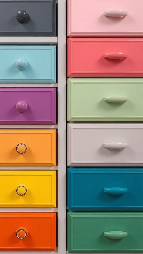 Colorful drawer pulls and knobs on a dresser.