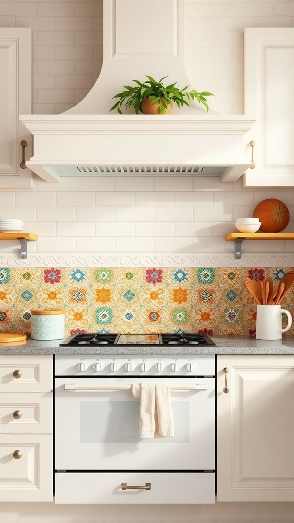 Colorful tiled backsplash in a simple Indian kitchen with white cabinets and a stove.