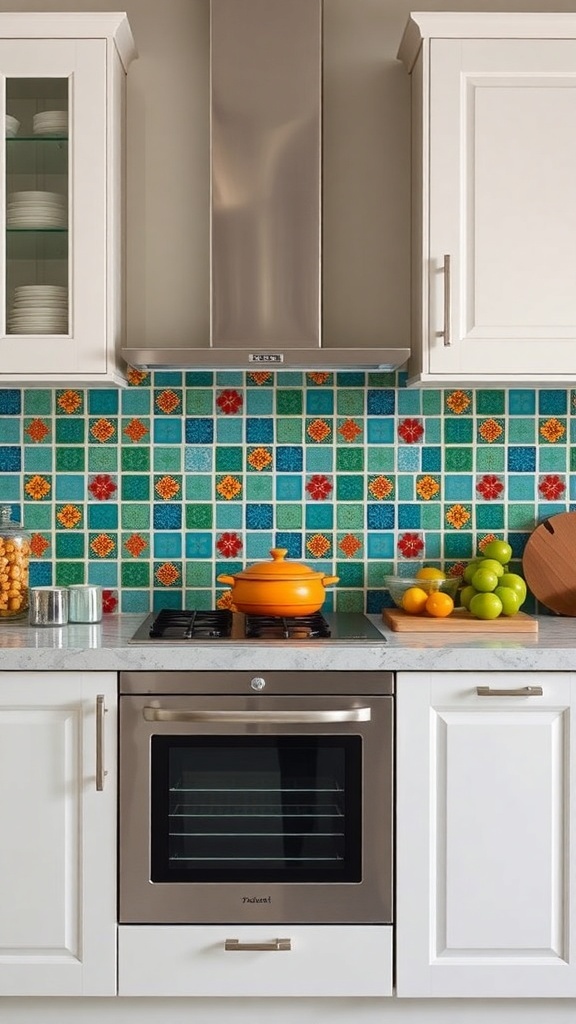Colorful tiled backsplash in a small kitchen with white cabinets and modern appliances.