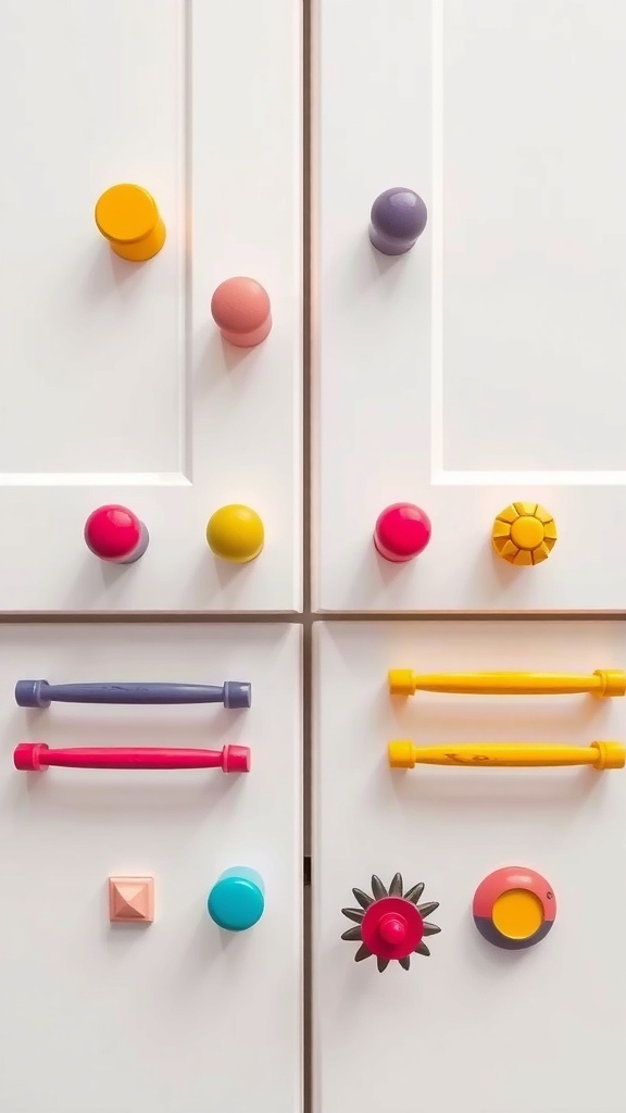 Colorful cabinet hardware with various shapes and colors on white cabinets.