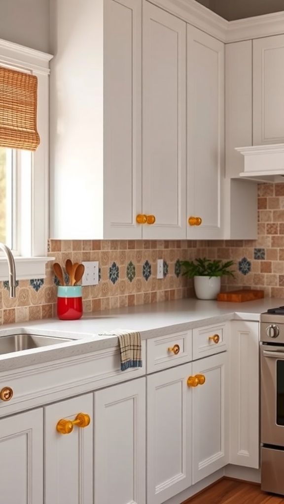 A kitchen with white cabinets featuring colorful ceramic handles.