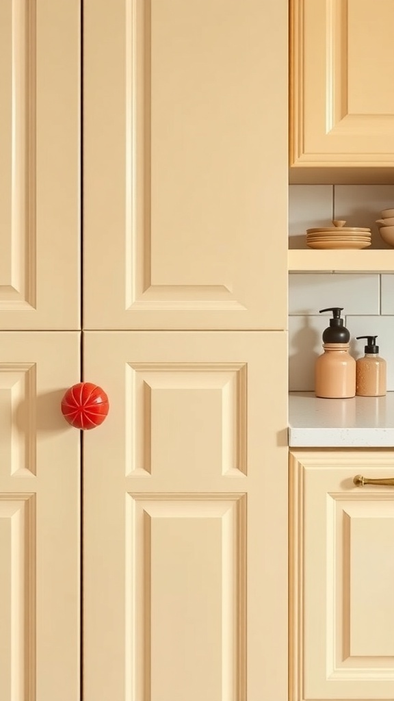Colorful ceramic cabinet pull on beige kitchen cabinets.