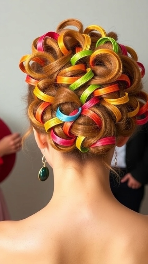 A colorful curly updo hairstyle featuring vibrant curls in pink, green, and orange.